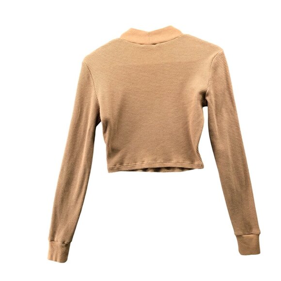 Aritzia TNA Waffle Knit Cropped Long Sleeve T Shirt Womens S Tan High Neck - Picture 2 of 10